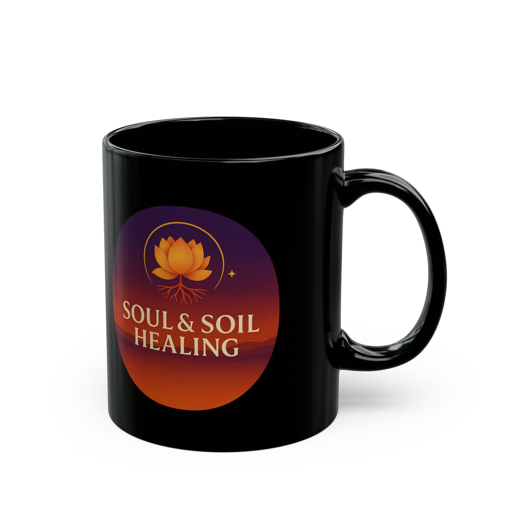 Soul & Soil Healing Mug - Black Ceramic Coffee Cup, Inspirational Gift for Yogis, Meditation, Self-Care, Wellness
