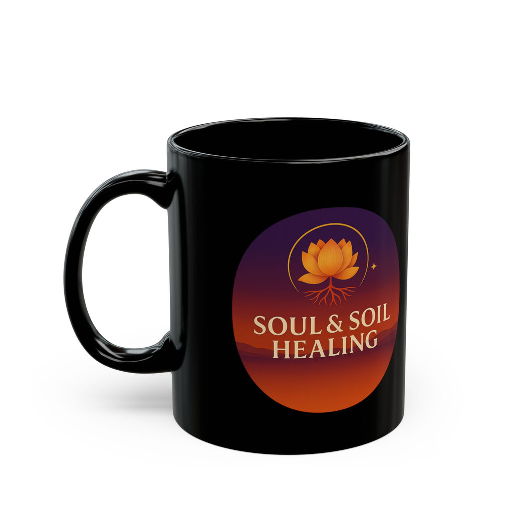 Soul & Soil Healing Mug - Black Ceramic Coffee Cup, Inspirational Gift for Yogis, Meditation, Self-Care, Wellness